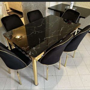 BLACK AND GOLD MARBLE EFFECT TABLE WITH GOLD LEG
