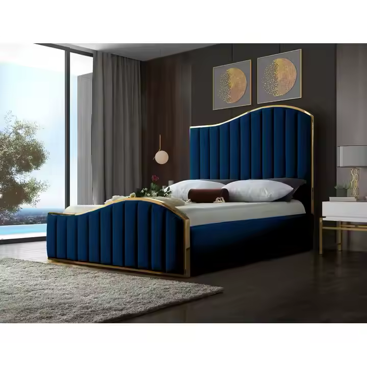 Tianhang bed Twin King Size Modern gold metal frame navy blue Velvet Headboard Upholstered Bed