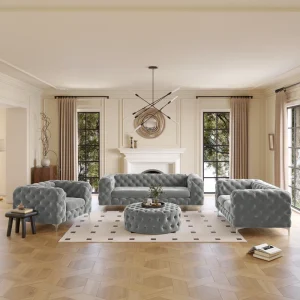 Ringwood 4 – Piece Tufted Velvet Living Room Set with Chesterfield Chair & Ottoman & Loveseat & Sofa and Chrome Legs