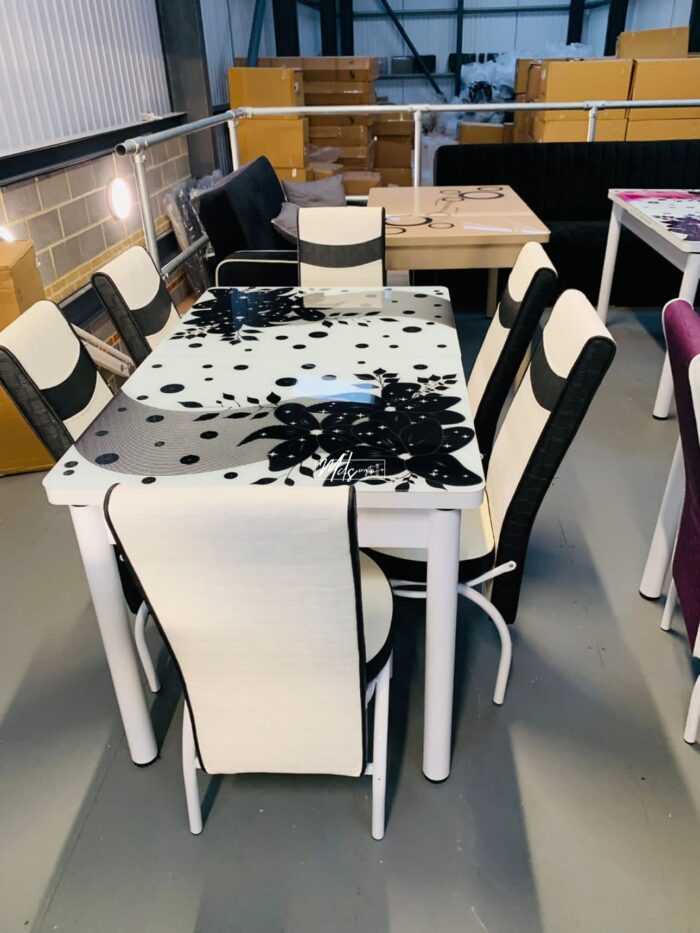 White & Black Flowers Turkish Style Dining Table & Chair - Image 4