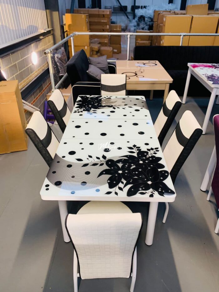 White & Black Flowers Turkish Style Dining Table & Chair - Image 2