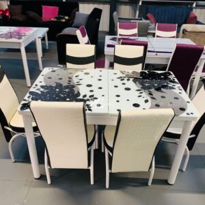White & Black Flowers Turkish Style Dining Table & Chair