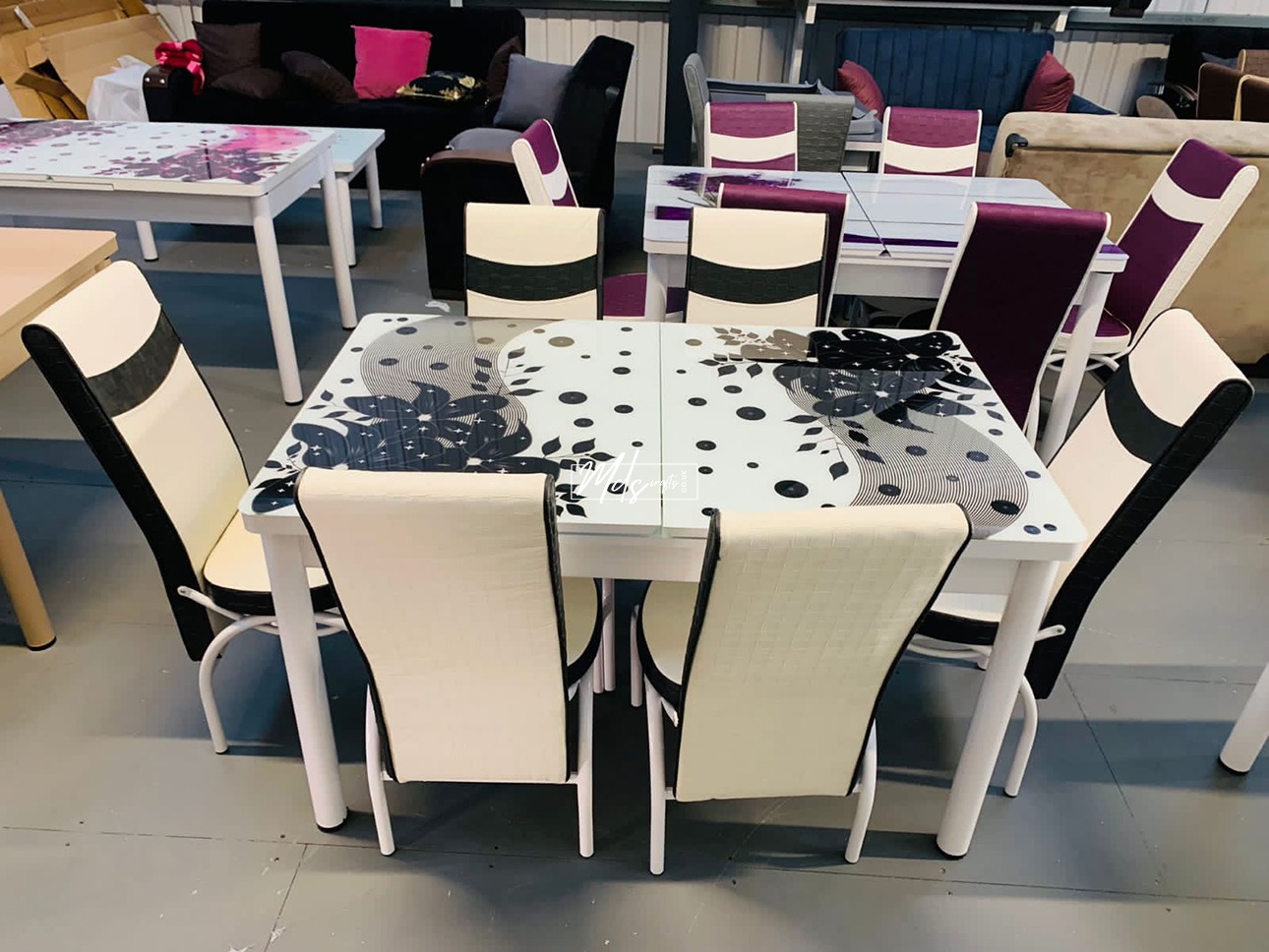 White & Black Flowers Turkish Style Dining Table & Chair