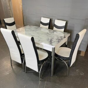 White Marble Effect Turkish Style Dining Table & Chair